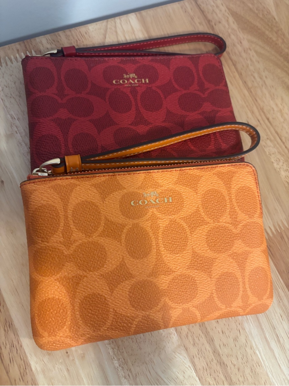 Coach Signature Double Wristlet Pouches — Orange & Red
